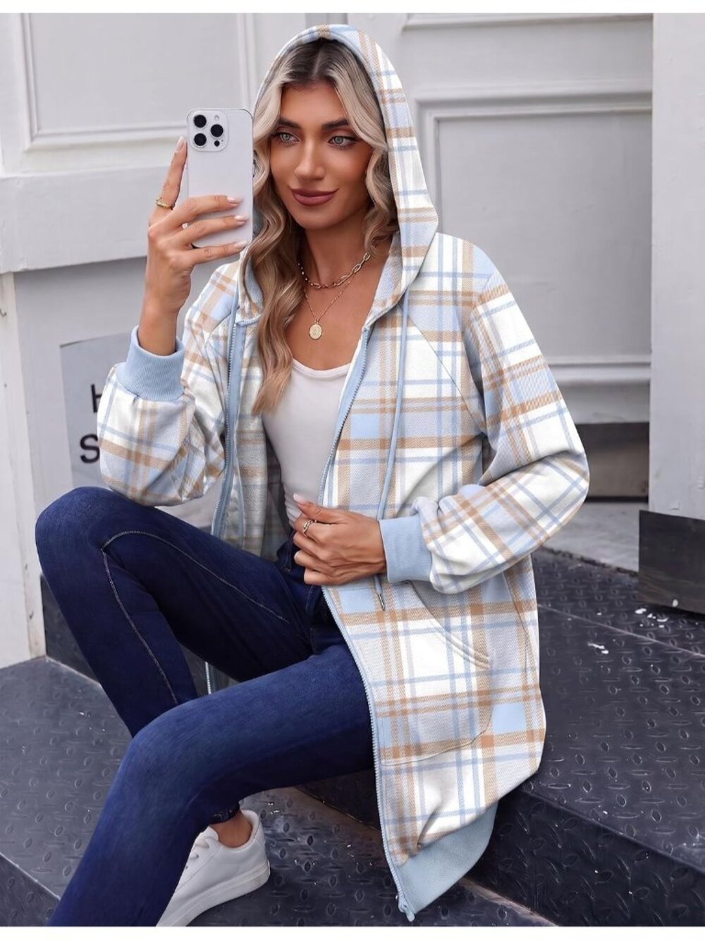 Women's White Blue Plaid Oversized Fleece Hoodie Full Zip Pocket Jacket Top - Picture 5 of 6